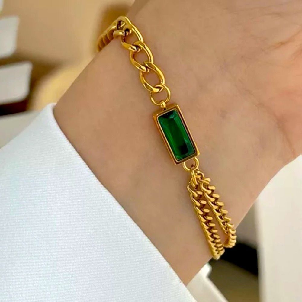 The Champion Bracelet 18K Gold Plated Link Chain w/ Green Gemstone